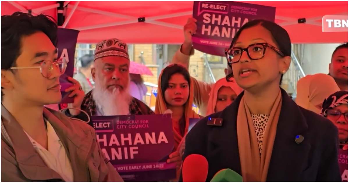 নিউ ইয়র্ক সিটি নির্বাচন নিয়ে বুধবার সাংবাদিকদের সঙ্গে কথা বলেন ডিস্ট্রিক্ট থার্টি নাইনের কাউন্সিল উইম্যান শাহানা হানিফক। ছবি: টিবিএন