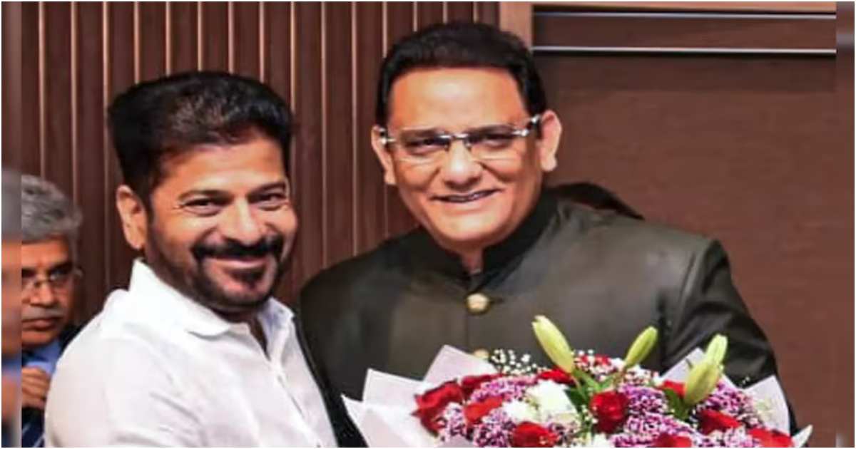 সাবেক ক্রিকেটার আজহারউদ্দিনকে ফুল দিয়ে শুভেচ্ছা জানান তেলেঙ্গানার মুখ্যমন্ত্রী রেভান্থ রেড্ডি। ছবি: এনডিটিভি