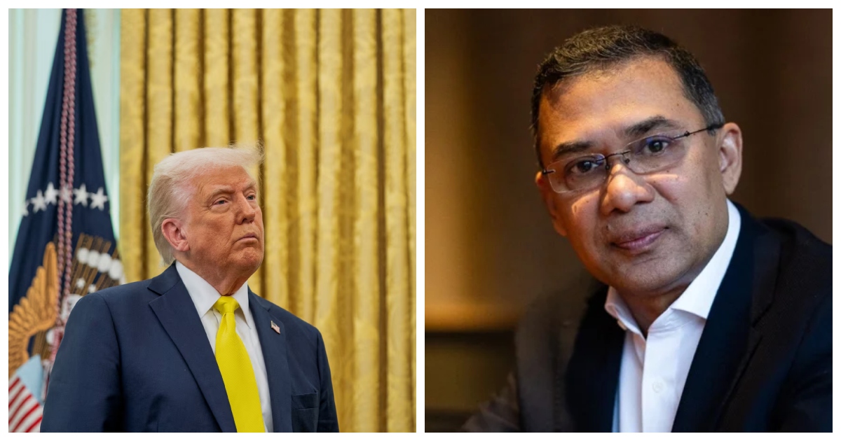 প্রেসিডেন্ট ডনাল্ড ট্রাম্প ও বাংলাদেশের প্রধানমন্ত্রী তারেক রহমান (বাঁ পাশে)। কোলাজ: টিবিএন