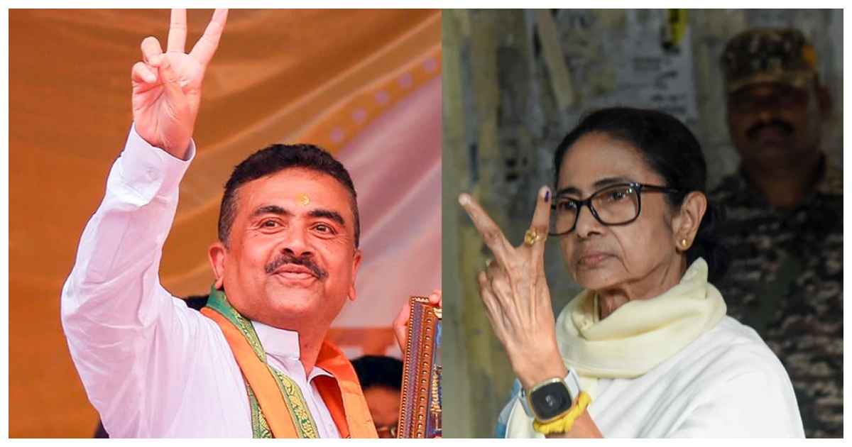 ভারতের পশ্চিমবঙ্গের মুখ্যমন্ত্রী ও তৃণমূল কংগ্রেসের নেত্রী মমতা বন্দোপাধ্যায় এবং বিধানসভা নির্বাচনের বিরোধী দল নেতা ও সম্ভাব্য মুখ্যমন্ত্রী শুভেন্দু অধিকারী। কোলাজ: টিবিএন