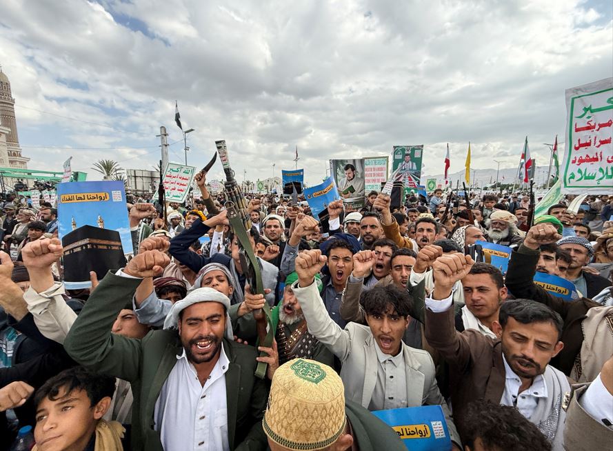 Houthi supporters rally to celebrate advances by Houthi forces along the Red Sea coastline