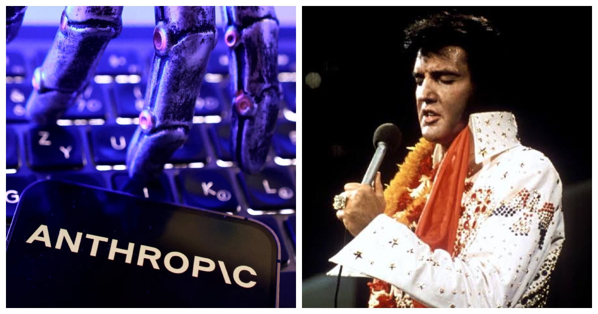 এনথোপিকের লোগো এবং ডান পাশে প্রয়াত সংগীতশিল্পী এলভিস প্রিসলি। কোলাজ: টিবিএন